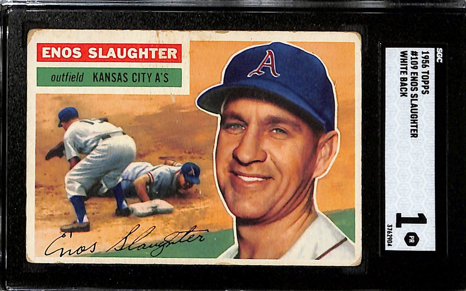 (4) SGC Graded 1956 Topps Cards (Yogi Berra SGC 2, Enos Slaughter SGC 1, Checklist #1/3 SGC 1, Yankees Checklist #251 SGC 1 - Paper Loss on Back)