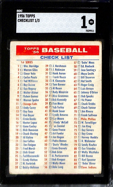 (4) SGC Graded 1956 Topps Cards (Yogi Berra SGC 2, Enos Slaughter SGC 1, Checklist #1/3 SGC 1, Yankees Checklist #251 SGC 1 - Paper Loss on Back)