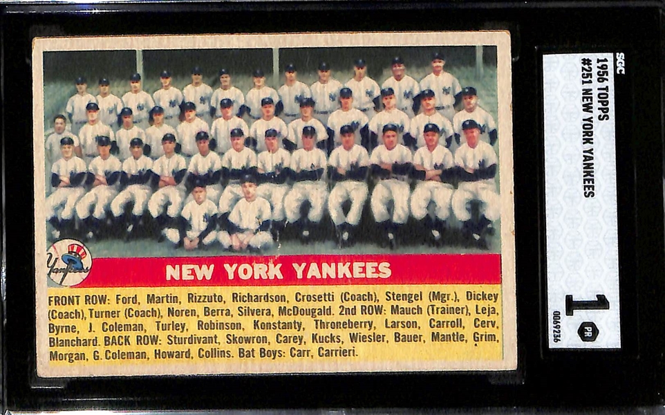 (4) SGC Graded 1956 Topps Cards (Yogi Berra SGC 2, Enos Slaughter SGC 1, Checklist #1/3 SGC 1, Yankees Checklist #251 SGC 1 - Paper Loss on Back)