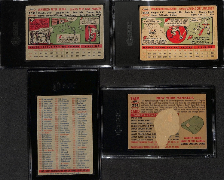 (4) SGC Graded 1956 Topps Cards (Yogi Berra SGC 2, Enos Slaughter SGC 1, Checklist #1/3 SGC 1, Yankees Checklist #251 SGC 1 - Paper Loss on Back)