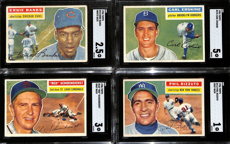 (4) SGC Graded 1956 Topps Cards (Ernie Banks SGC 2.5, Carl Erskine SGC 5, Red Schoendienst SGC 3, Phil Rizzuto SGC 1)