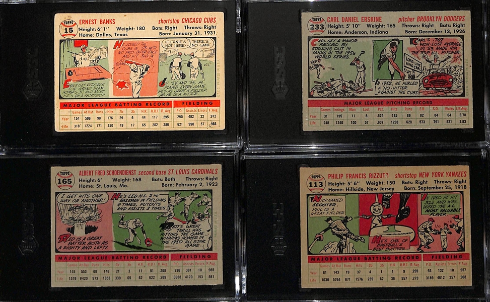 (4) SGC Graded 1956 Topps Cards (Ernie Banks SGC 2.5, Carl Erskine SGC 5, Red Schoendienst SGC 3, Phil Rizzuto SGC 1)