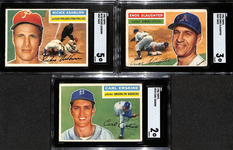 (3) SGC Graded 1956 Topps Cards (Richie Ashburn SGC 5, Enos Slaughter SGC 3, Carl Erskine SGC 2)