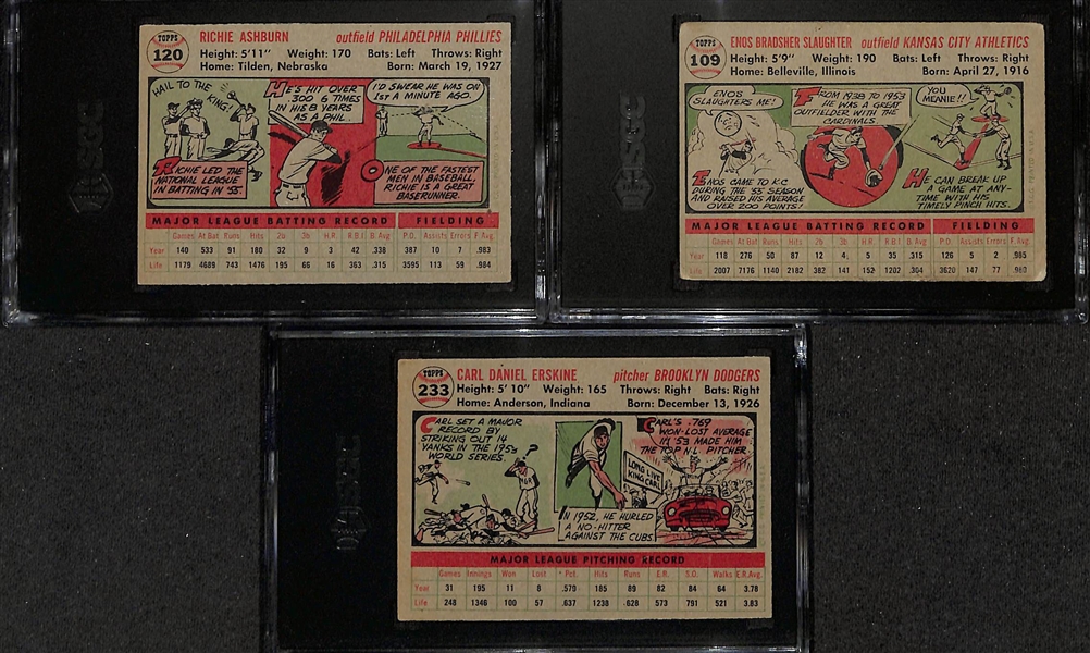 (3) SGC Graded 1956 Topps Cards (Richie Ashburn SGC 5, Enos Slaughter SGC 3, Carl Erskine SGC 2)