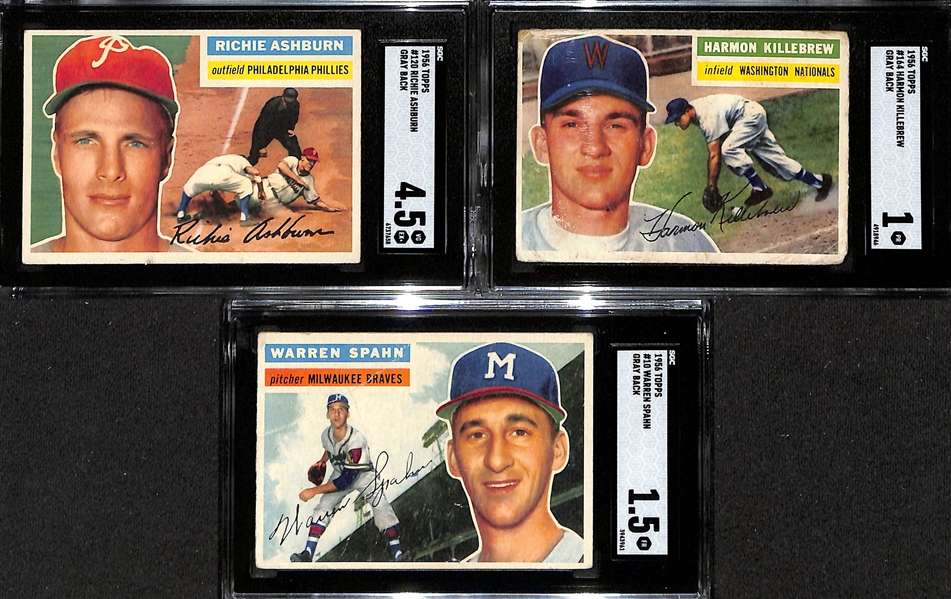 (3) SGC Graded 1956 Topps Cards (Richie Ashburn SGC 4.5, Harmon Killebrew SGC 1, Warren Spahn SGC 1.5)