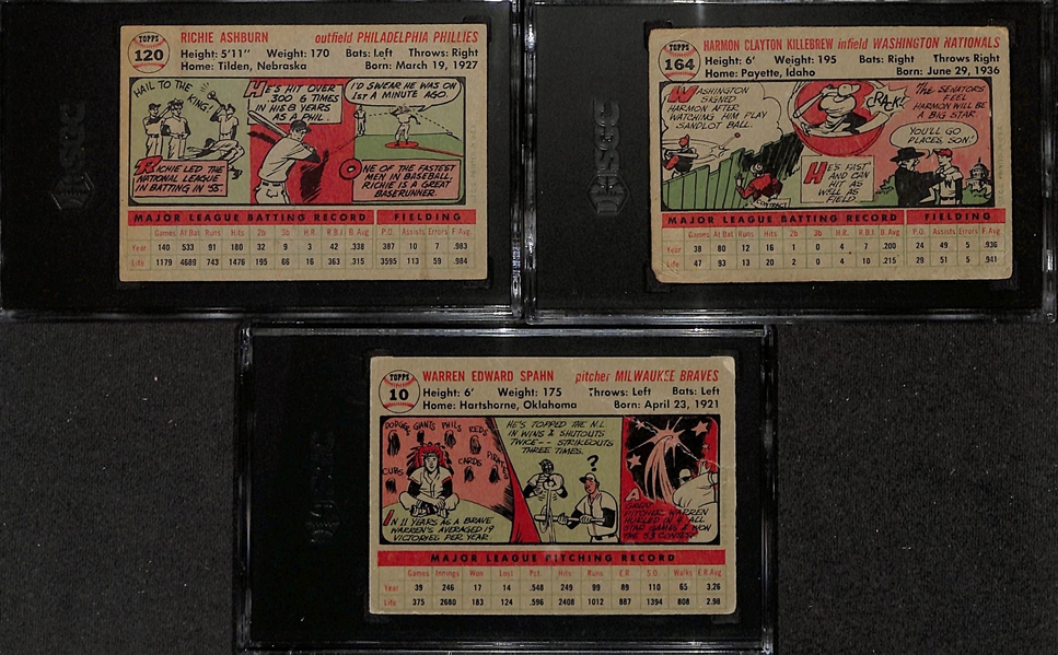 (3) SGC Graded 1956 Topps Cards (Richie Ashburn SGC 4.5, Harmon Killebrew SGC 1, Warren Spahn SGC 1.5)