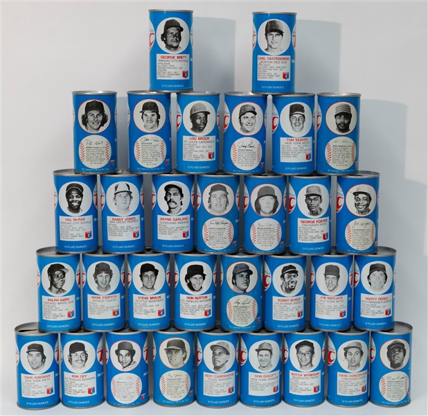 (32) 1970s RC Cola Baseball Player Cans w. Brett, Bench, Yount, D. Parker, Seaver, Yaz, Rose, Brock Sutter, Morgan, +