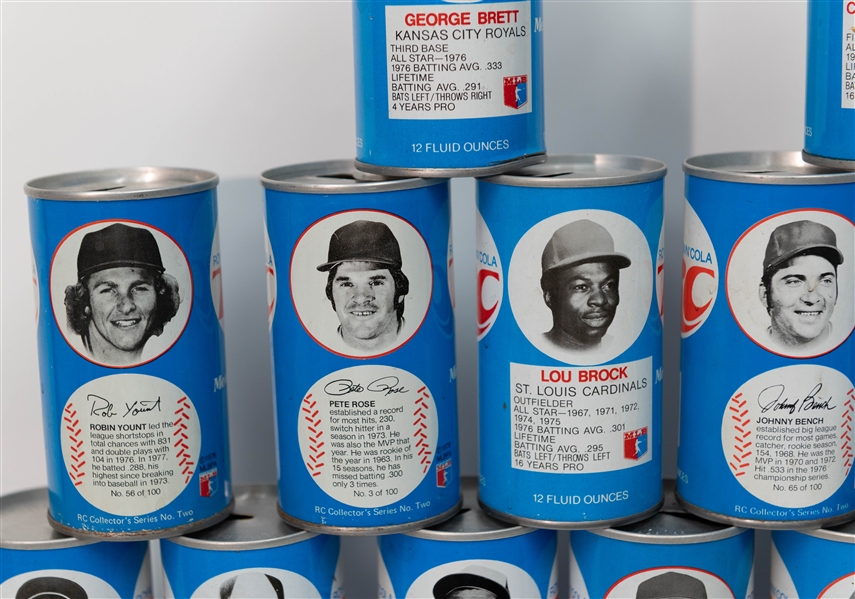 (32) 1970s RC Cola Baseball Player Cans w. Brett, Bench, Yount, D. Parker, Seaver, Yaz, Rose, Brock Sutter, Morgan, +
