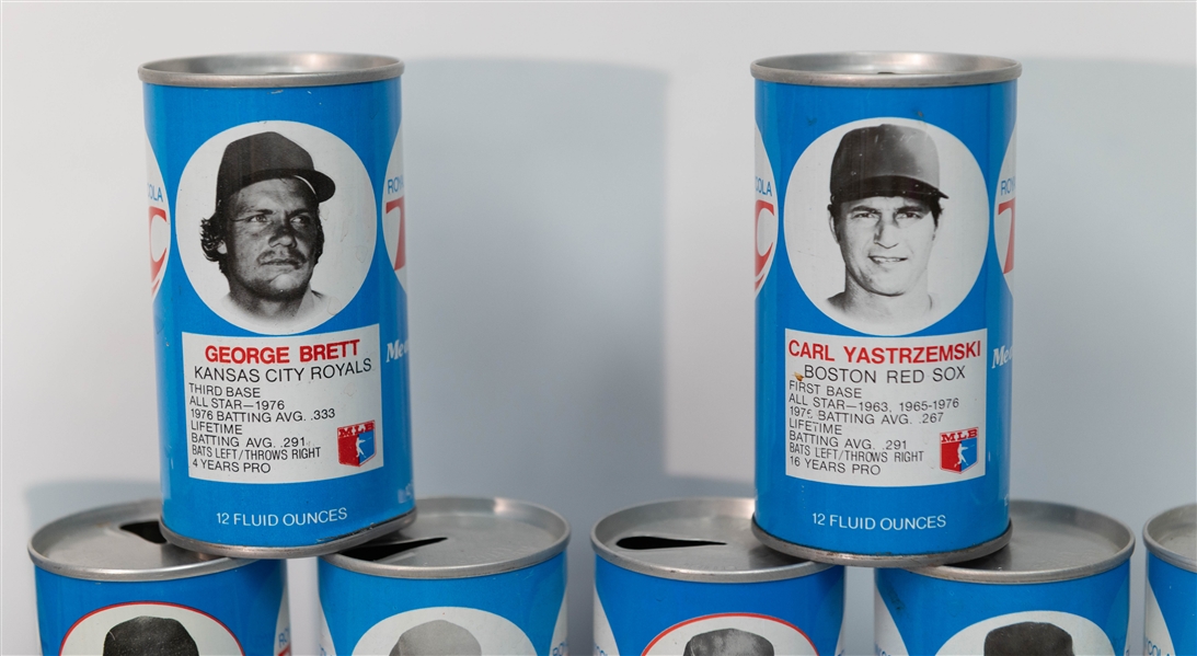 (32) 1970s RC Cola Baseball Player Cans w. Brett, Bench, Yount, D. Parker, Seaver, Yaz, Rose, Brock Sutter, Morgan, +