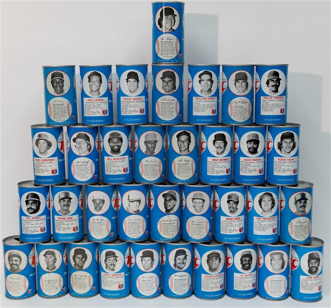 (35) 1970s RC Cola Baseball Player Cans w. Mike Schmidt, Steve Carlton, Carew, McCovey, Garvey, Fingers, Perry, Yount, D. Parker, +