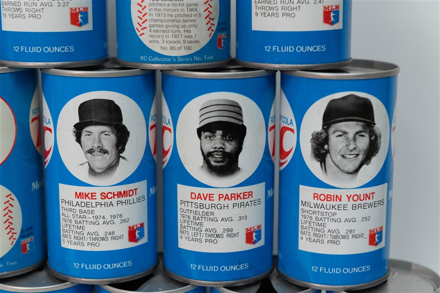 (35) 1970s RC Cola Baseball Player Cans w. Mike Schmidt, Steve Carlton, Carew, McCovey, Garvey, Fingers, Perry, Yount, D. Parker, +