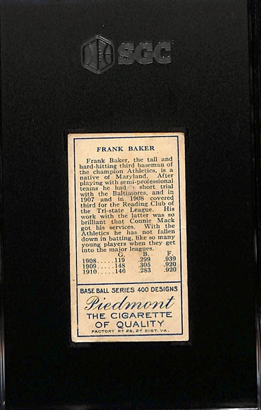 1911 T205 Frank Baker (HOF) Piedmont Back Graded SGC 2.5