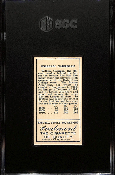 1911 T205 William Carrigan (Piedmont Back) Graded SGC 5