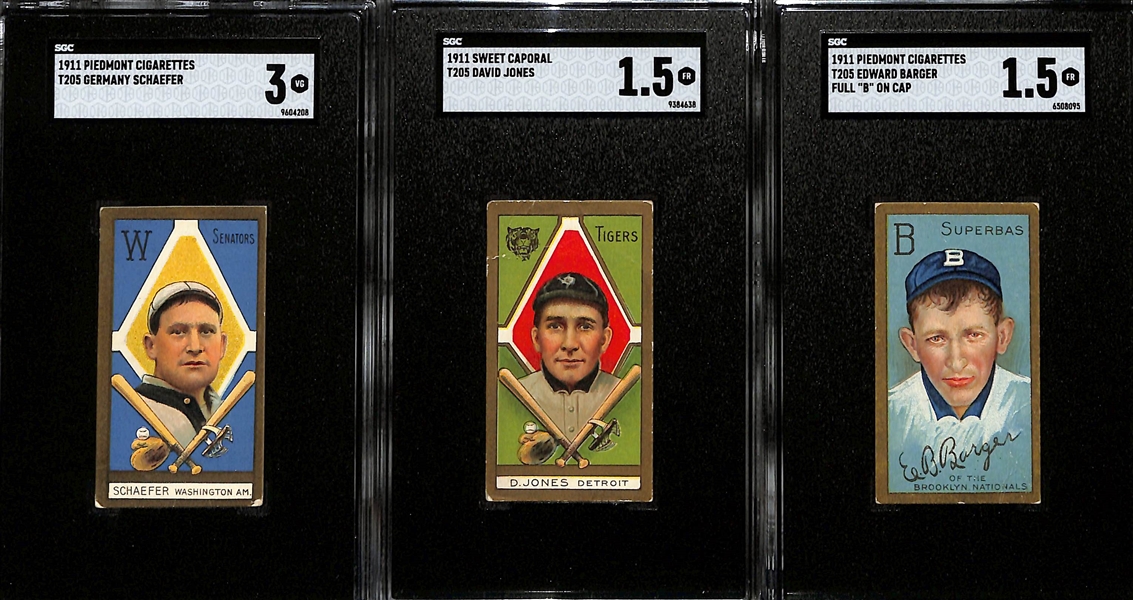1911 T205 Lot of (3) Cards - Germany Schaefer (Piedmont, SGC 3), David Jones (Sweet Caporal, SGC 1.5), Edward Barger (Piedmont, SGC 1.5)