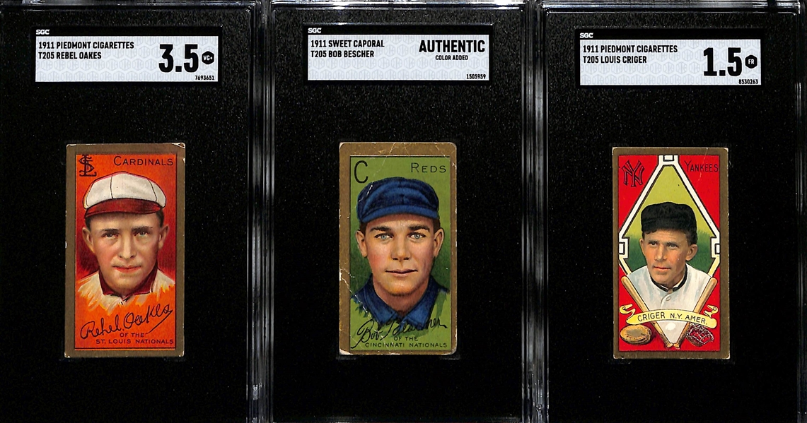 1911 T205 Lot of (3) Cards - Rebel Oakes (Piedmont, SGC 3.5), Bob Bescher (Sweet Caporal, SGC Authentic), Louis Criger (Piedmont, SGC 1.5)