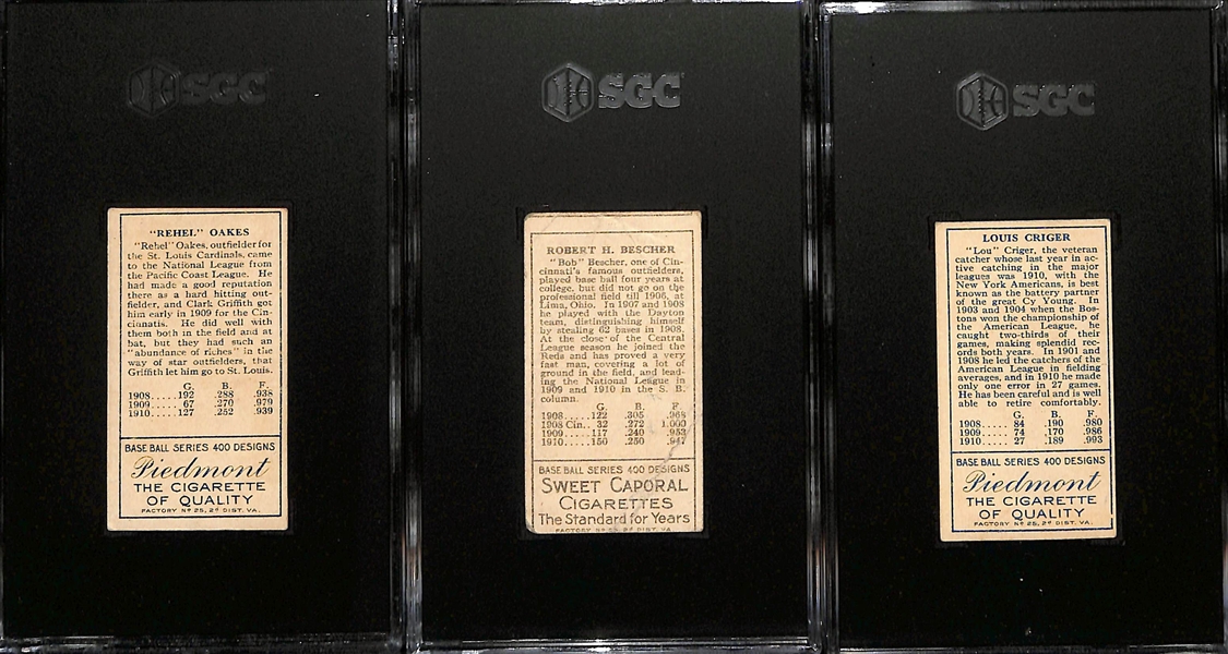 1911 T205 Lot of (3) Cards - Rebel Oakes (Piedmont, SGC 3.5), Bob Bescher (Sweet Caporal, SGC Authentic), Louis Criger (Piedmont, SGC 1.5)