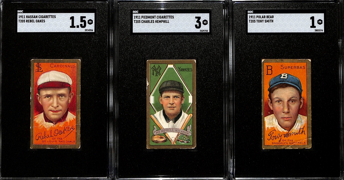 1911 T205 Lot of (3) Cards - Rebel Oakes (Hassan Cigarettes, SGC 1.5), Charles Hemphill (Piedmont, SGC 3), Tony Smith (Polar Bear, SGC 1)