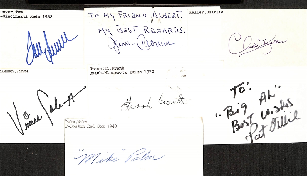 Lot of (225+) Signed Baseball Index Cards w. Tom Seaver, Jim Cronin, Charlie Keller, Vince Coleman, and more. +(JSA Auction Letter)