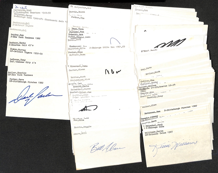 Lot of (200+) Signed Baseball Index Cards w. Dave Parker, Charlie Keller, Tony LaRussa, Harvey Kuenn, and more +(JSA Auction Letter)