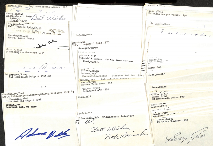 Lot of (200+) Signed Baseball Index Cards w. Adrian Beltré, Joe Cronin, Alan Trammell, Tony Cuccinello, Vince Coleman, and more. +(JSA Auction Letter)