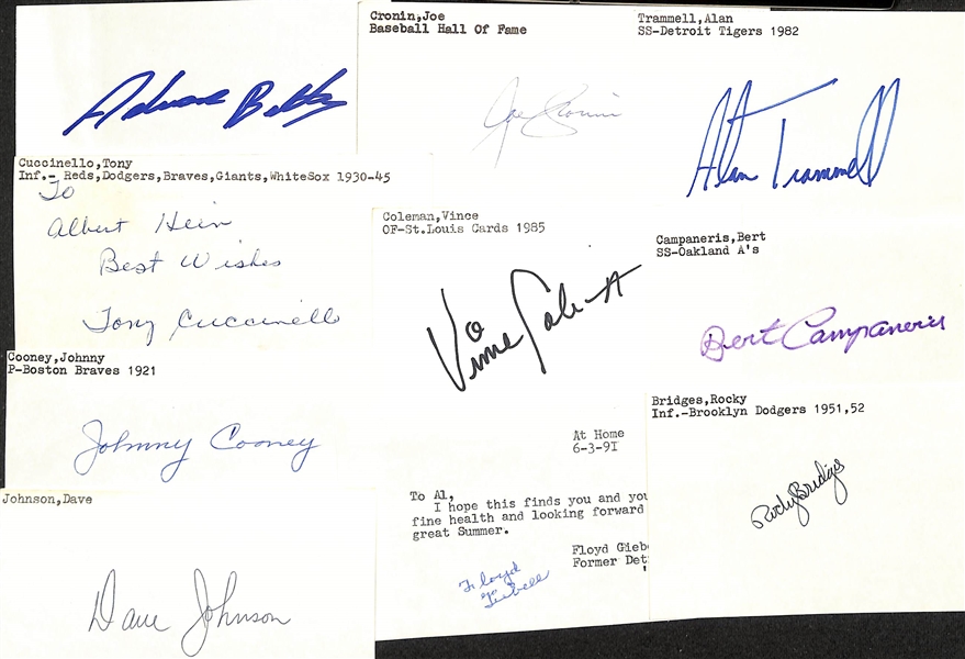 Lot of (200+) Signed Baseball Index Cards w. Adrian Beltré, Joe Cronin, Alan Trammell, Tony Cuccinello, Vince Coleman, and more. +(JSA Auction Letter)