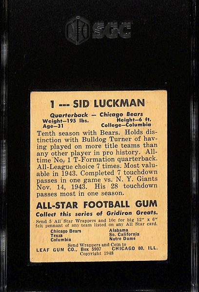 1948 Leaf Gum Co. Sid Luckman Rookie #1 (HOF) Graded SGC 4