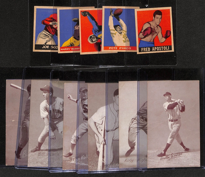 1948 Leaf Boxing Fred Apostoli, (4) 1949 Leaf Football w. Pete Pihos, & (6) 1940s-Early 1950s Exhibit Cards w. Hoot Evers