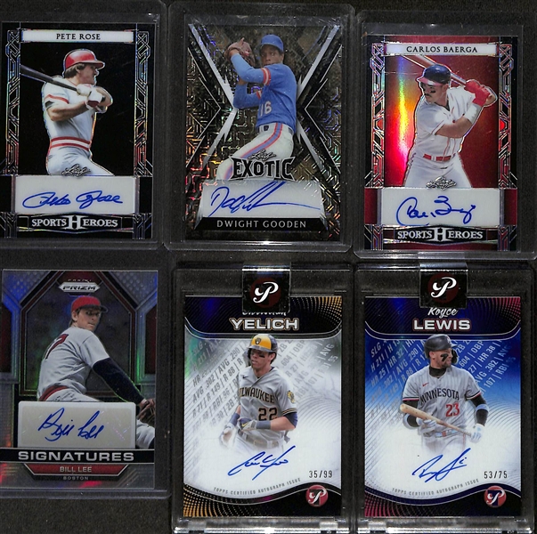 Lot of (6) Veteran Baseball Autograph Cards inc. 2024 Leaf Sports Heroes Pete Rose (#/49), 2023 Leaf Exotic Dwight Gooden (#/8), +