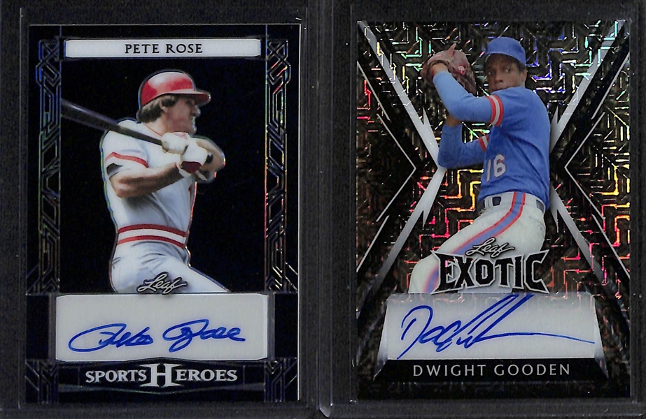 Lot of (6) Veteran Baseball Autograph Cards inc. 2024 Leaf Sports Heroes Pete Rose (#/49), 2023 Leaf Exotic Dwight Gooden (#/8), +
