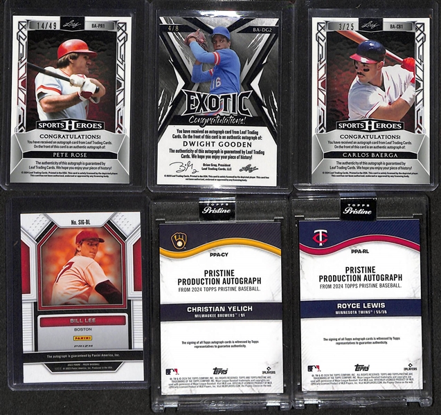 Lot of (6) Veteran Baseball Autograph Cards inc. 2024 Leaf Sports Heroes Pete Rose (#/49), 2023 Leaf Exotic Dwight Gooden (#/8), +