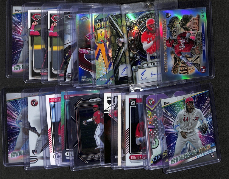 Lot of (21) Elly De La Cruz Rookie Cards inc. Topps Pristine Seven Wonders (#/70), Leaf Metal Autograph (#/10), Leaf Exotic (#/7), +