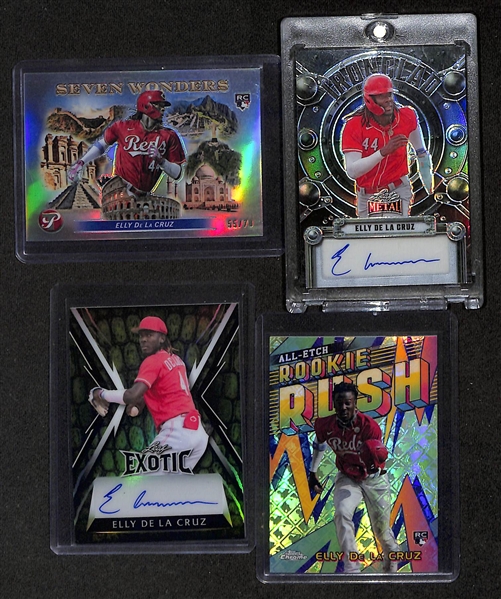 Lot of (21) Elly De La Cruz Rookie Cards inc. Topps Pristine Seven Wonders (#/70), Leaf Metal Autograph (#/10), Leaf Exotic (#/7), +