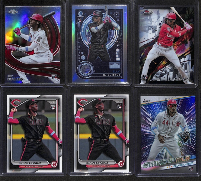 Lot of (21) Elly De La Cruz Rookie Cards inc. Topps Pristine Seven Wonders (#/70), Leaf Metal Autograph (#/10), Leaf Exotic (#/7), +