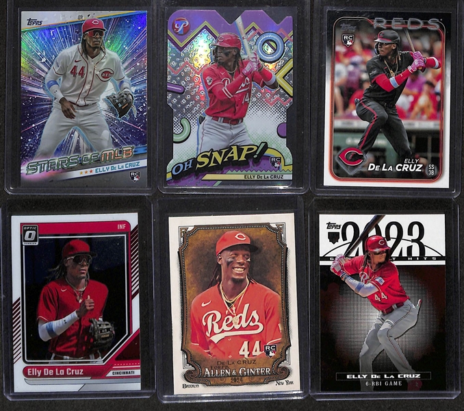 Lot of (21) Elly De La Cruz Rookie Cards inc. Topps Pristine Seven Wonders (#/70), Leaf Metal Autograph (#/10), Leaf Exotic (#/7), +