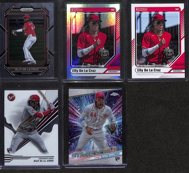 Lot of (21) Elly De La Cruz Rookie Cards inc. Topps Pristine Seven Wonders (#/70), Leaf Metal Autograph (#/10), Leaf Exotic (#/7), +