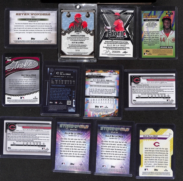 Lot of (21) Elly De La Cruz Rookie Cards inc. Topps Pristine Seven Wonders (#/70), Leaf Metal Autograph (#/10), Leaf Exotic (#/7), +