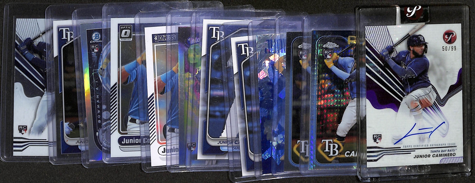 Lot of (12) Junior Caminero Rookie Cards inc. Topps Pristine Autograph Purple (#/99), Topps Chrome Prism Refractor, Topps Chrome, +