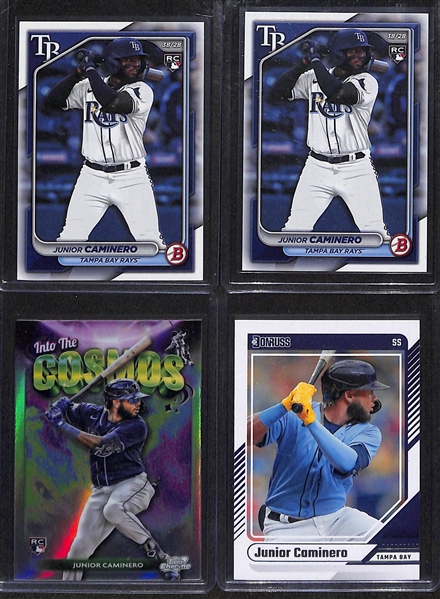 Lot of (12) Junior Caminero Rookie Cards inc. Topps Pristine Autograph Purple (#/99), Topps Chrome Prism Refractor, Topps Chrome, +