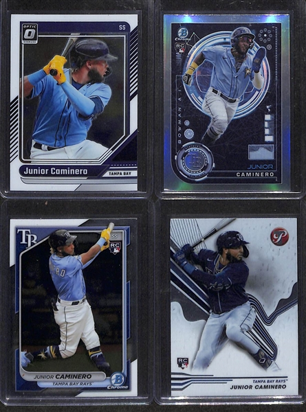 Lot of (12) Junior Caminero Rookie Cards inc. Topps Pristine Autograph Purple (#/99), Topps Chrome Prism Refractor, Topps Chrome, +