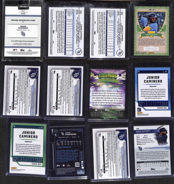 Lot of (12) Junior Caminero Rookie Cards inc. Topps Pristine Autograph Purple (#/99), Topps Chrome Prism Refractor, Topps Chrome, +