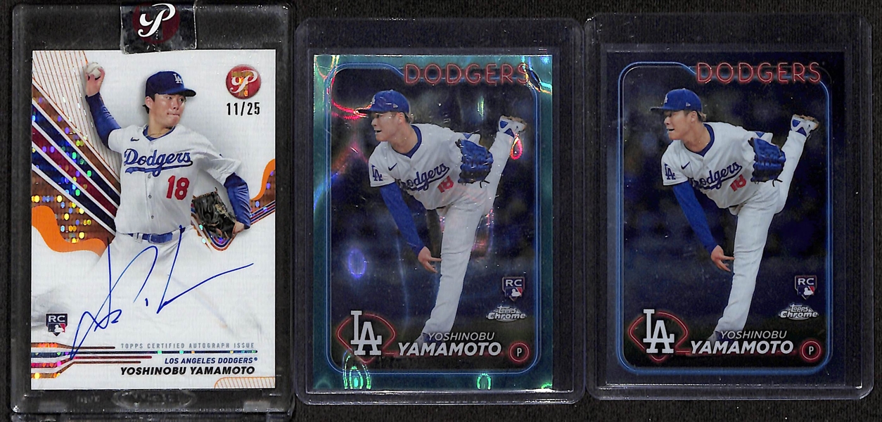 Lot of (9) Yoshinobu Yamamoto Rookie Cards inc. Topps Pristine Autograph Orange (#/25), Topps Chrome Aqua Lava Refractor (#/199), +