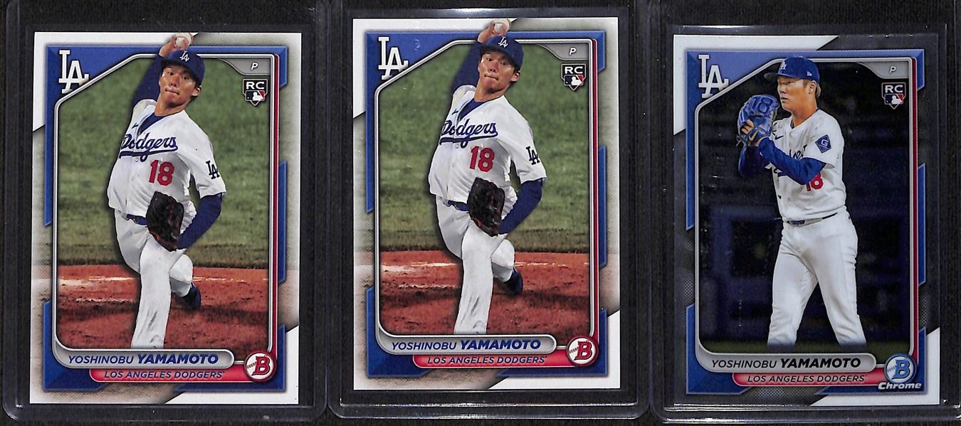 Lot of (9) Yoshinobu Yamamoto Rookie Cards inc. Topps Pristine Autograph Orange (#/25), Topps Chrome Aqua Lava Refractor (#/199), +