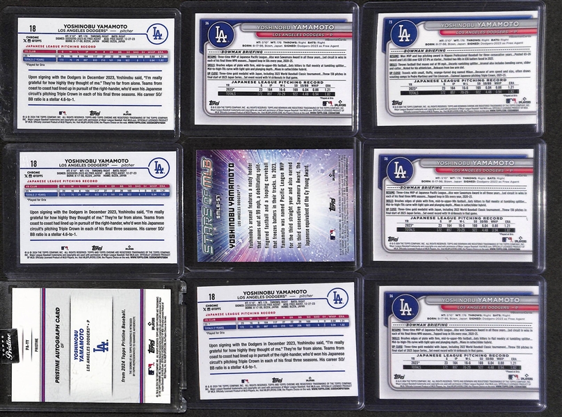 Lot of (9) Yoshinobu Yamamoto Rookie Cards inc. Topps Pristine Autograph Orange (#/25), Topps Chrome Aqua Lava Refractor (#/199), +