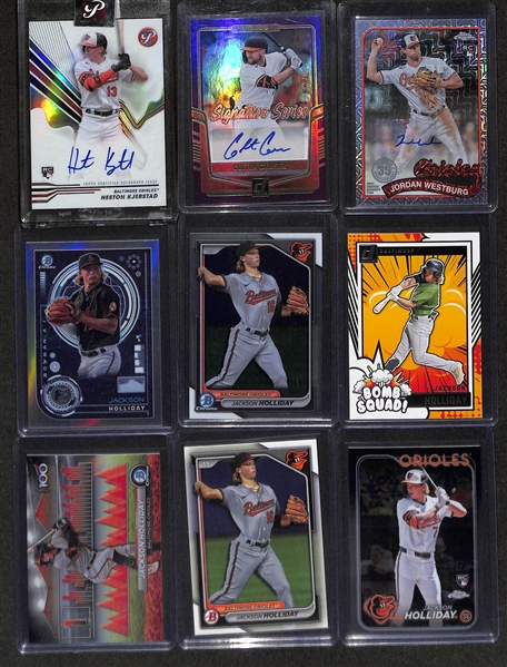Lot of (38) 2024 Baltimore Orioles Cards inc. Topps Pristine Heston Kjerstad Autograph, Donruss Colton Cowser Autograph (#/49), Topps Chrome SIlver Pack Jordan Westburg Autograph (#/199), +