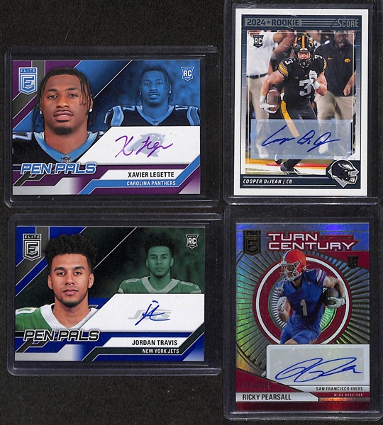 Lot of (13) 2024 Football Rookie Autographs inc. Elite Xavier Legette Pen Pals Purple Ink, Score Cooper DeJean, Elite Jordan Travis Pen Pals Blue Ink, +