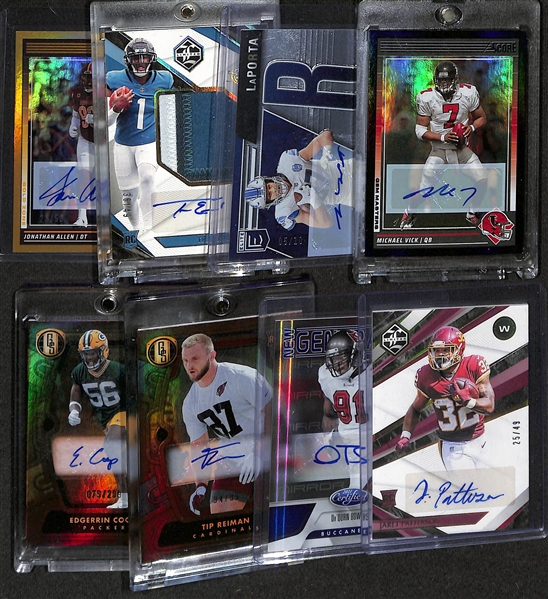 Lot of (8) Football Autographs inc. 2024 Score Michael Vick (#/1), 2024 Elite Sam Laporta Spellbound R (#/10), 2021 Limited Travis Etienne Jr Rookie Patch (#/49), +