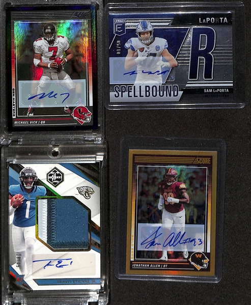 Lot of (8) Football Autographs inc. 2024 Score Michael Vick (#/1), 2024 Elite Sam Laporta Spellbound R (#/10), 2021 Limited Travis Etienne Jr Rookie Patch (#/49), +