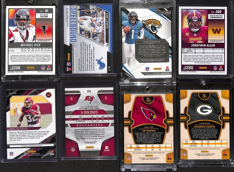 Lot of (8) Football Autographs inc. 2024 Score Michael Vick (#/1), 2024 Elite Sam Laporta Spellbound R (#/10), 2021 Limited Travis Etienne Jr Rookie Patch (#/49), +