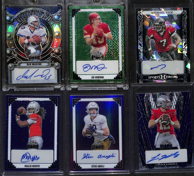 Lot of (6) 2024 Leaf Quarterback Autograph Cards- Dan Marino (#/10), Joe Montana (#/4), Michael Vick (#/39), Maalik Murphy (#/8), Steve Angeli (#/8), Lincoln Kienholz (#/5)