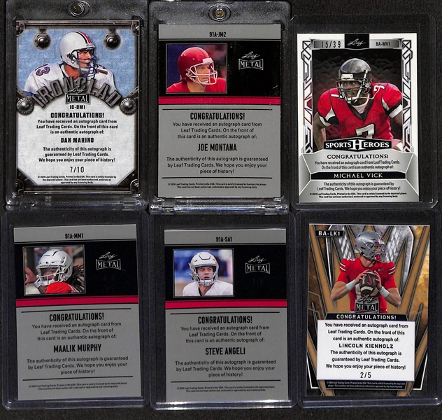 Lot of (6) 2024 Leaf Quarterback Autograph Cards- Dan Marino (#/10), Joe Montana (#/4), Michael Vick (#/39), Maalik Murphy (#/8), Steve Angeli (#/8), Lincoln Kienholz (#/5)